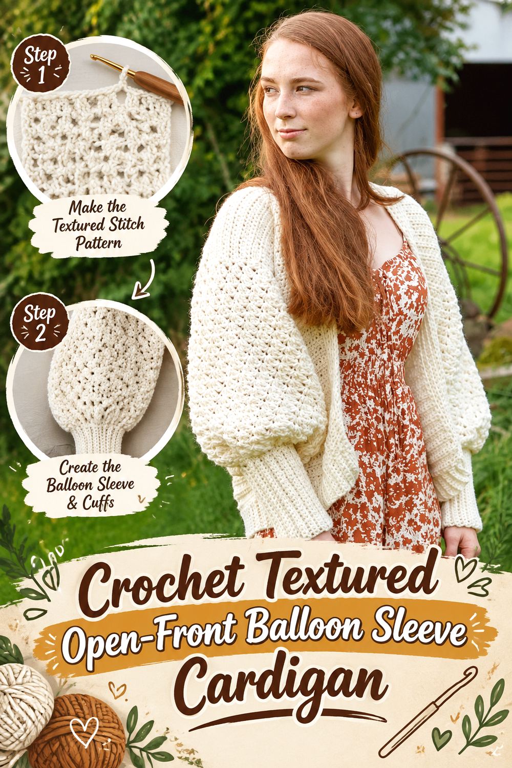 Crochet Textured Open Front Balloon Sleeve Cardigan