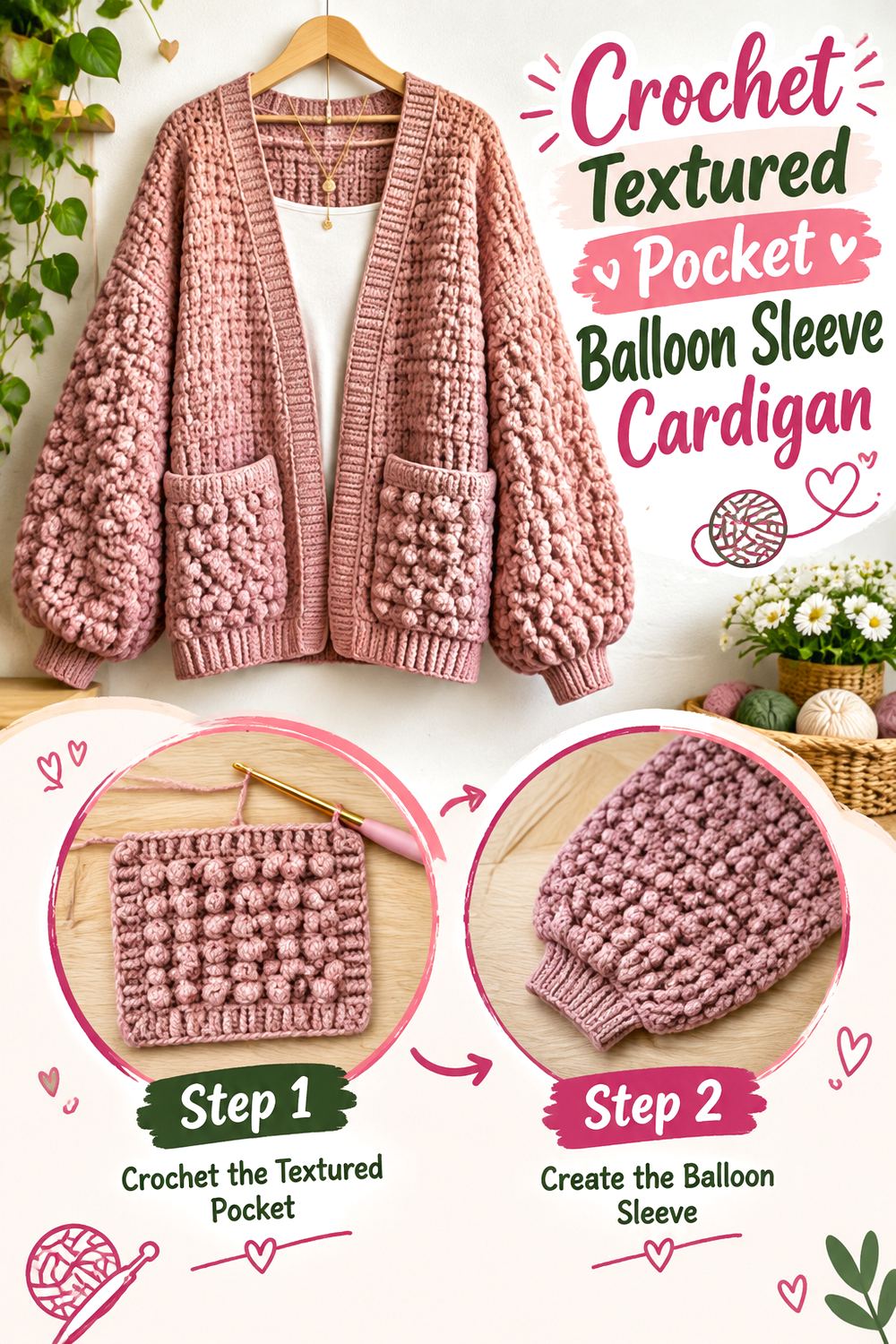 Crochet Textured Pocket Balloon Sleeve Cardigan