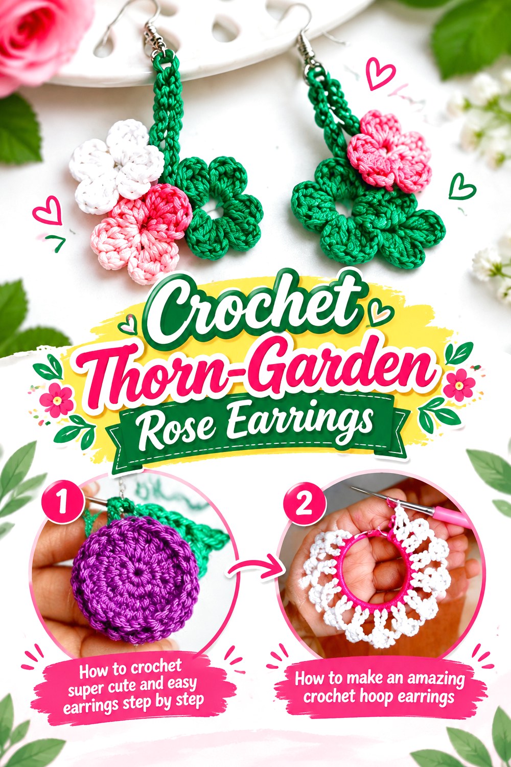 Crochet Thorn Garden Rose Earrings