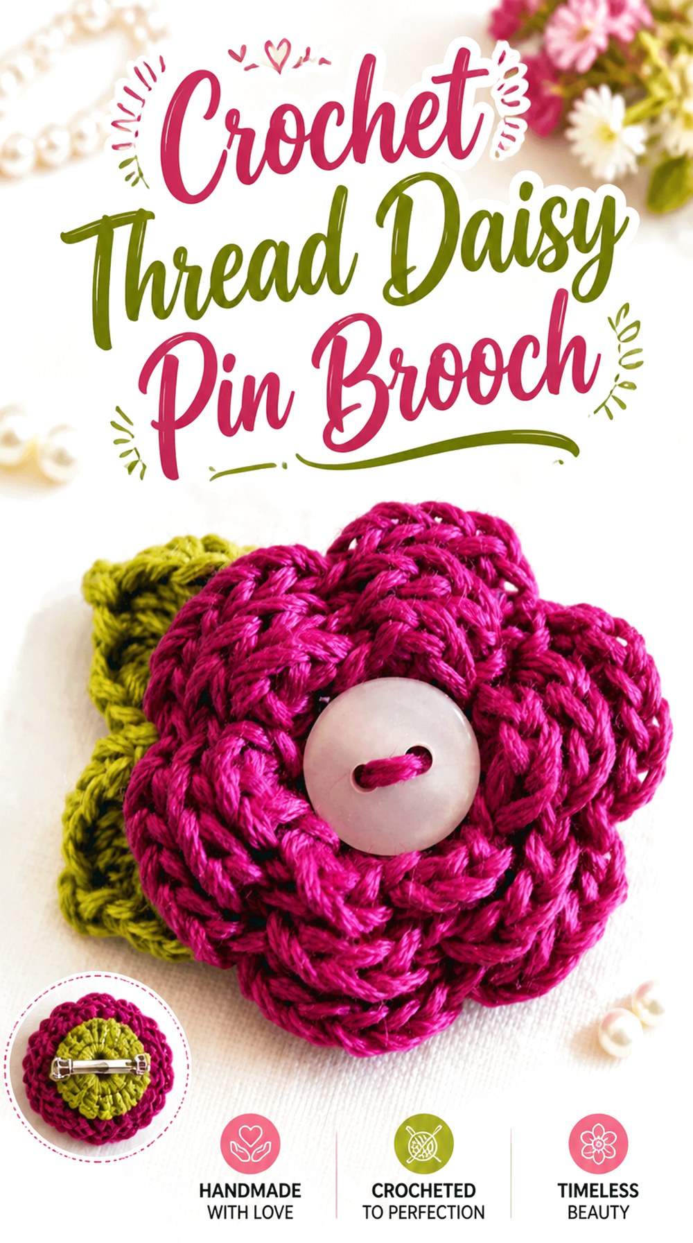 Crochet Thread Daisy Pin Brooch