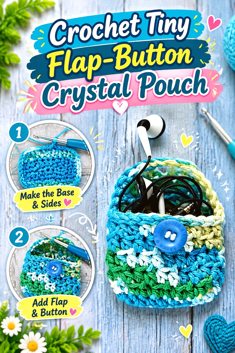 Crochet Tiny Flap Button Crystal Pouch