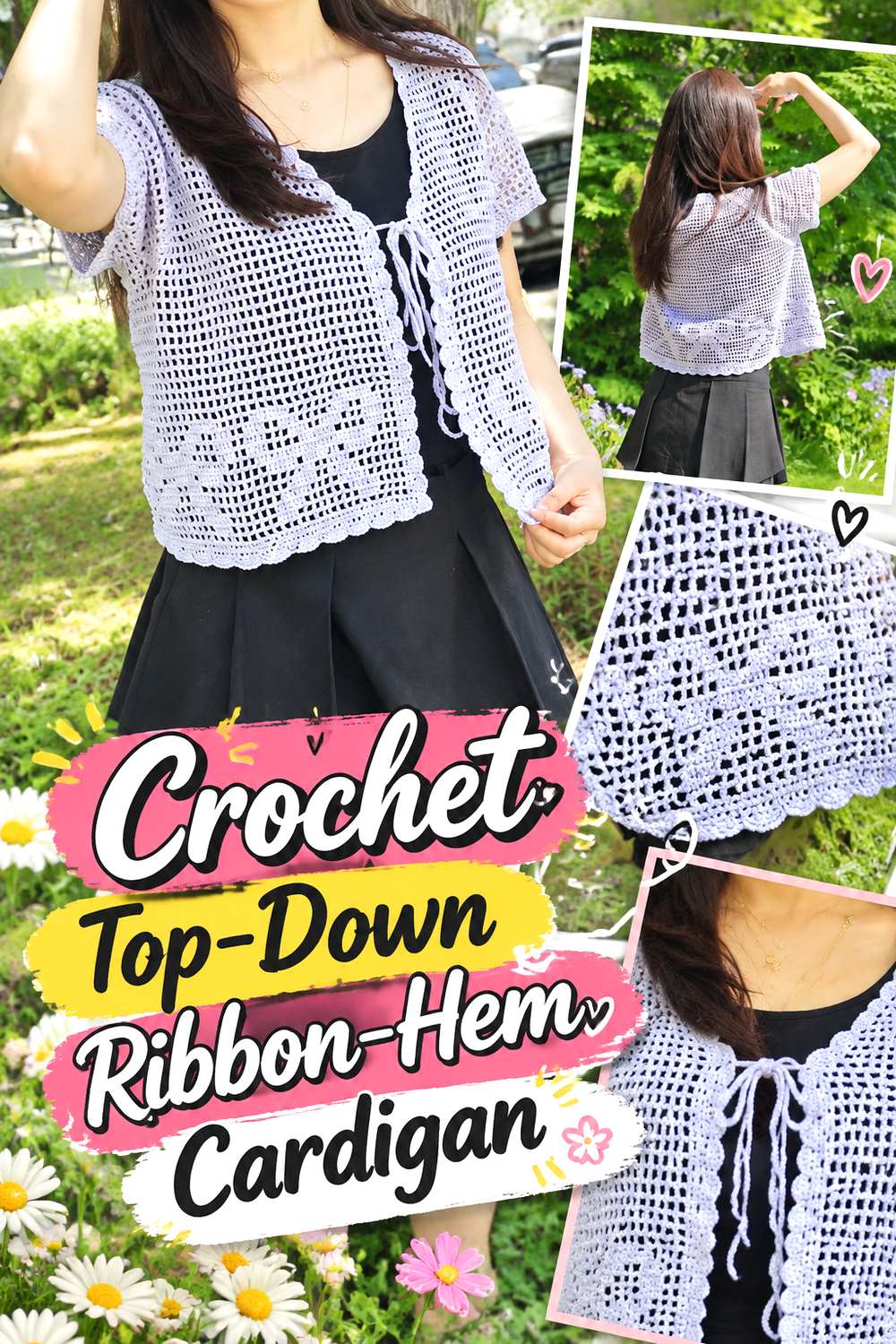 Crochet Top Down Ribbon Hem Cardigan