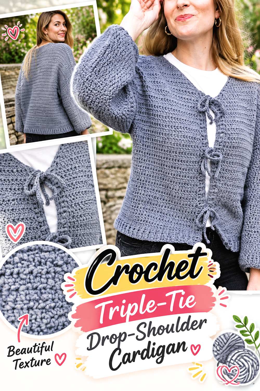 Crochet Triple Tie Drop Shoulder Cardigan