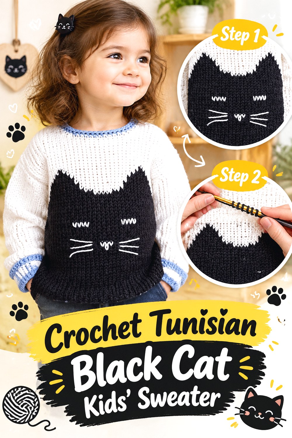 Crochet Tunisian Black Cat Kids’ Sweater