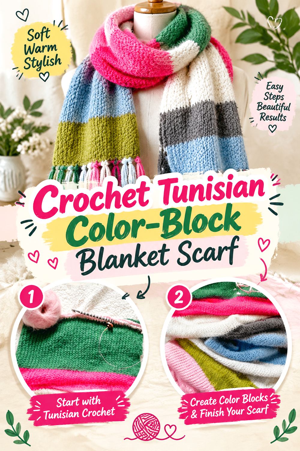 Crochet Tunisian Color Block Blanket Scarf