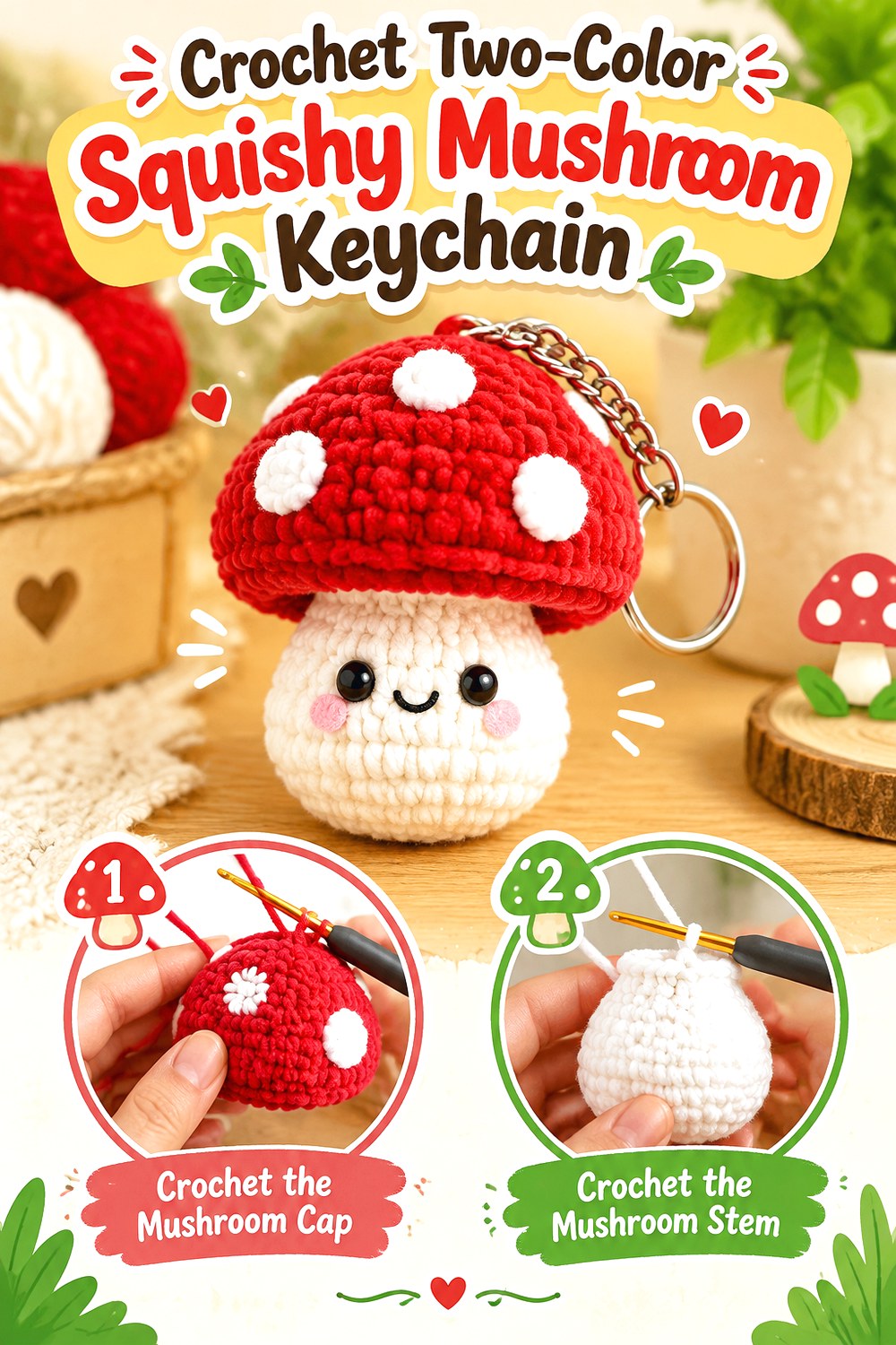 Crochet Two Color Squishy Mushroom Keychain