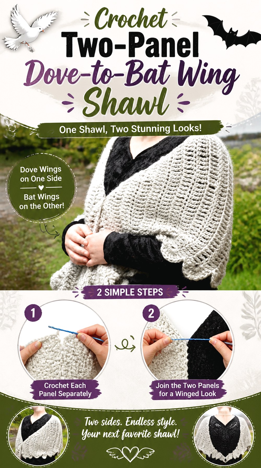 Crochet Two Panel Dove to Bat Wing Shawl