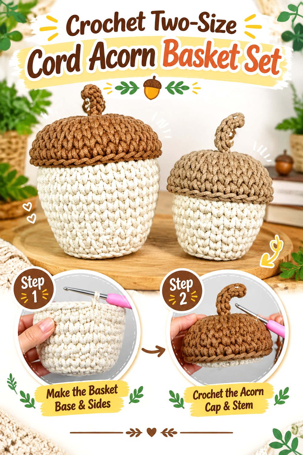 Crochet Two Size Cord Acorn Basket Set