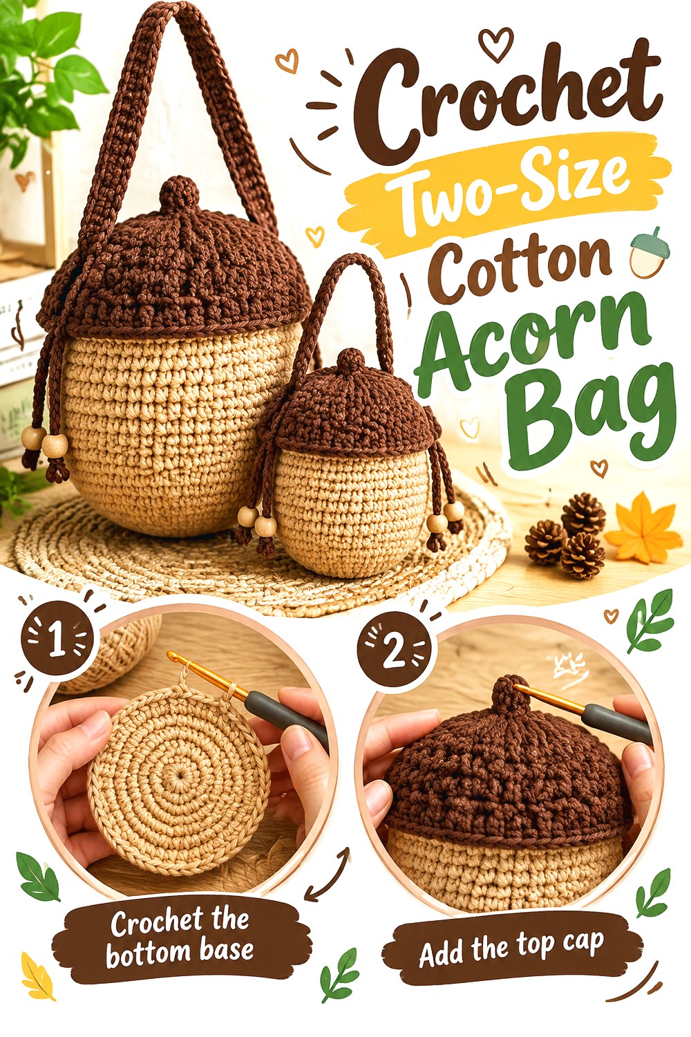 Crochet Two Size Cotton Acorn Bag