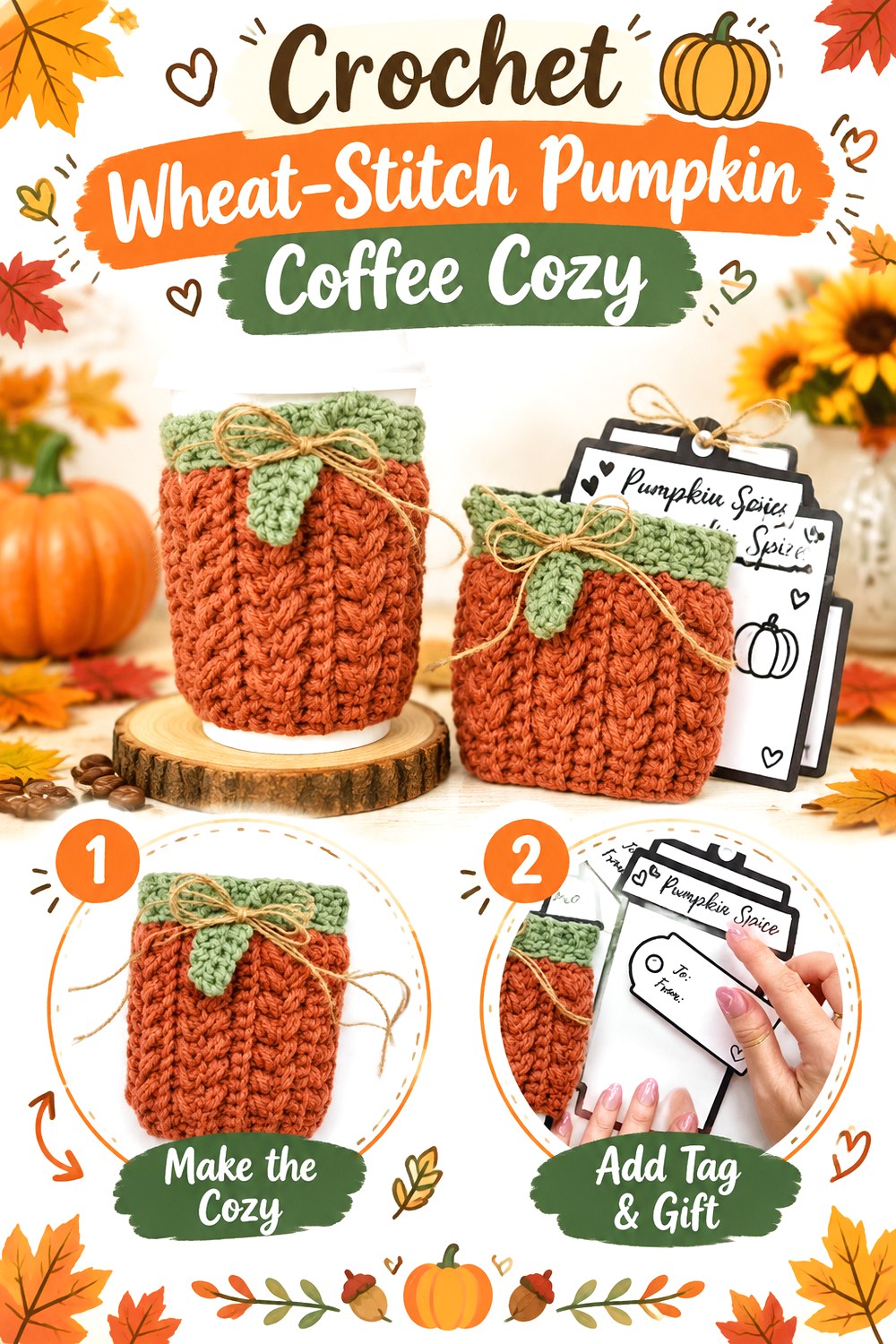 Crochet Wheat Stitch Pumpkin Coffee Cozy