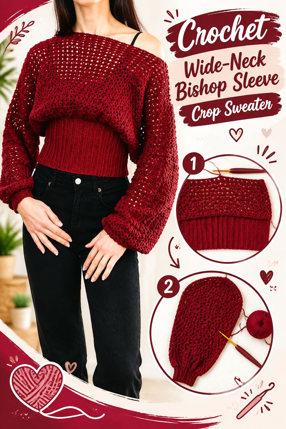 Crochet Wide Neck Bishop Sleeve Crop Sweater