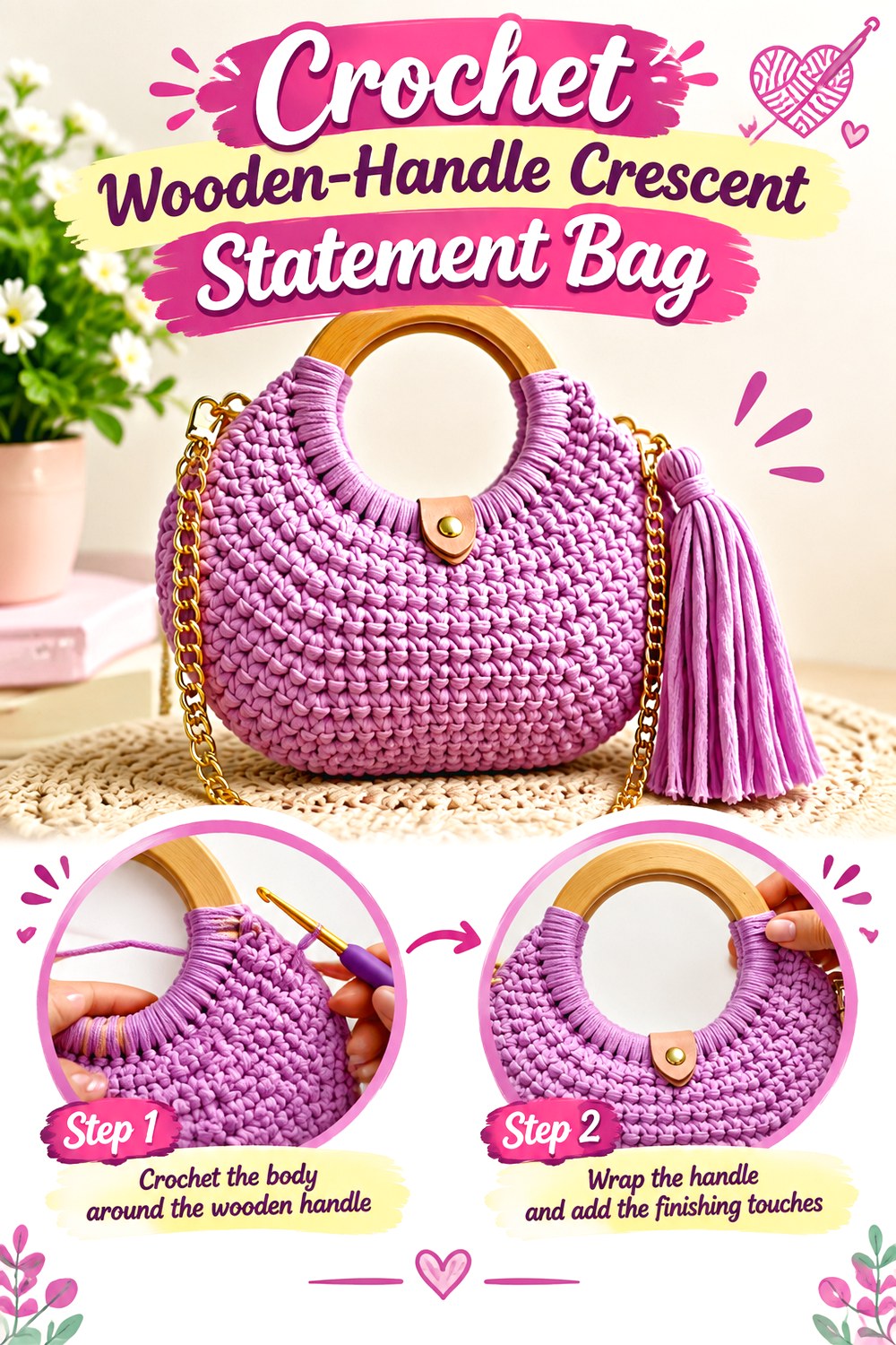 Crochet Wooden Handle Crescent Statement Bag