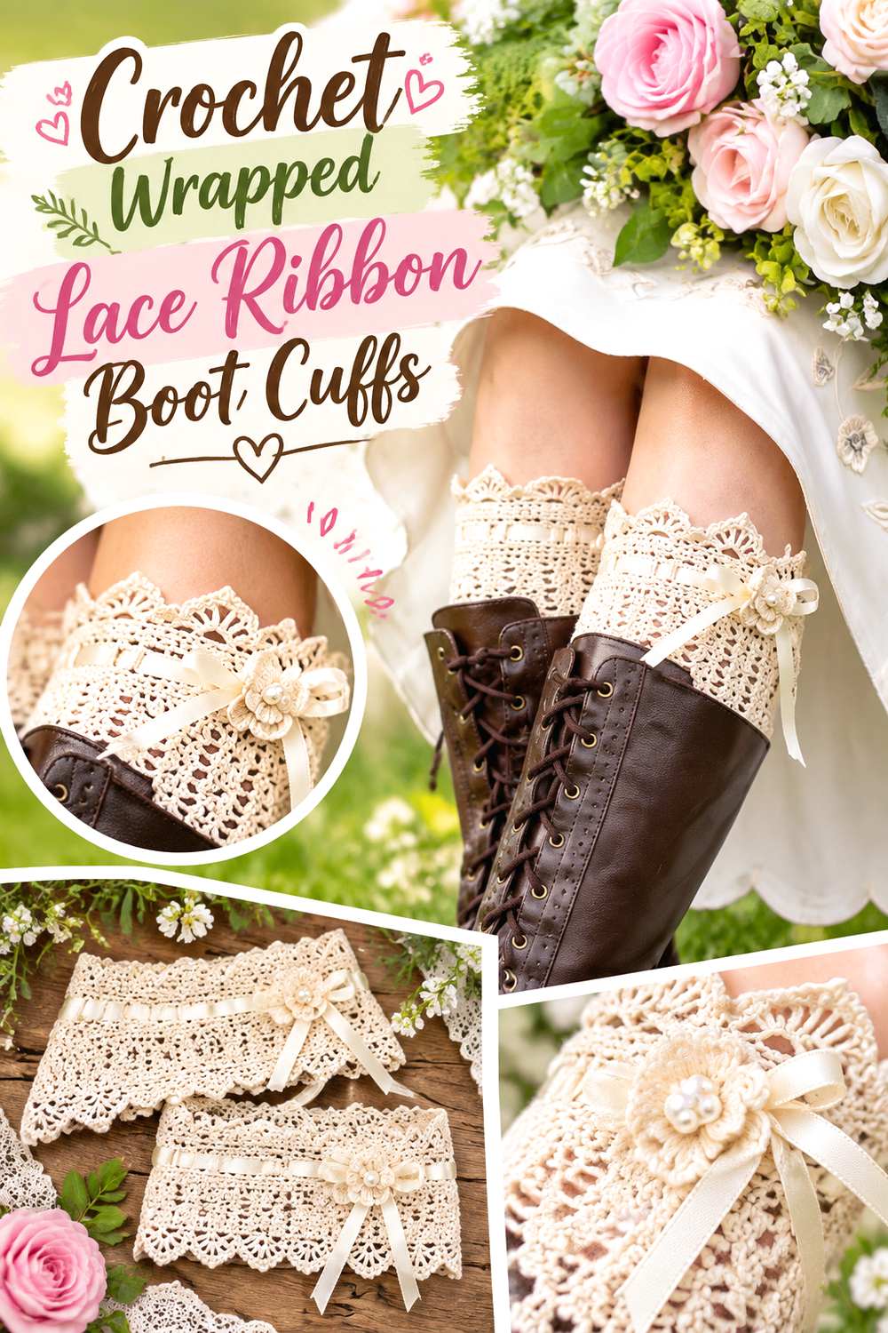Crochet Wrapped Lace Ribbon Boot Cuffs