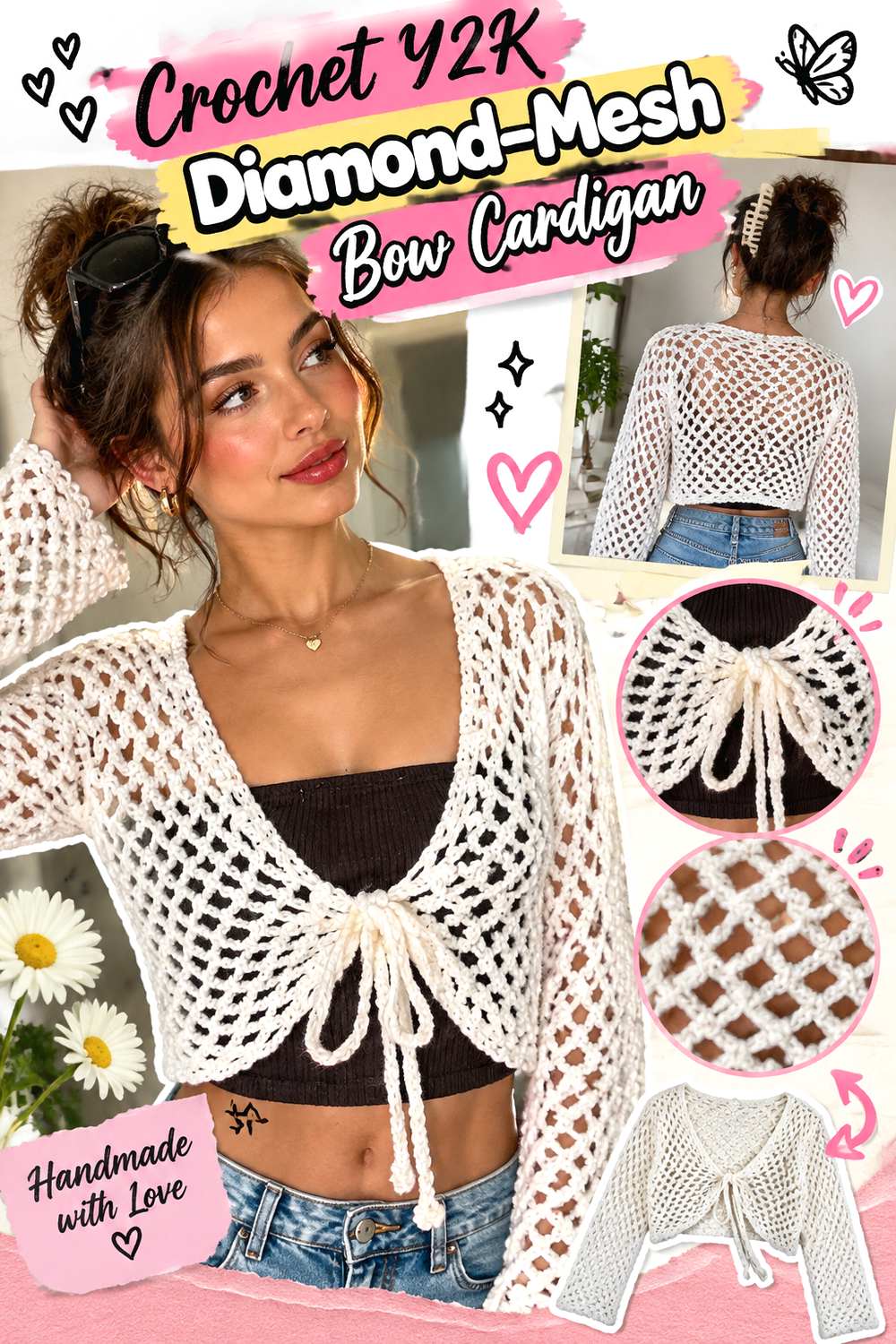 Crochet YK Diamond Mesh Bow Cardigan