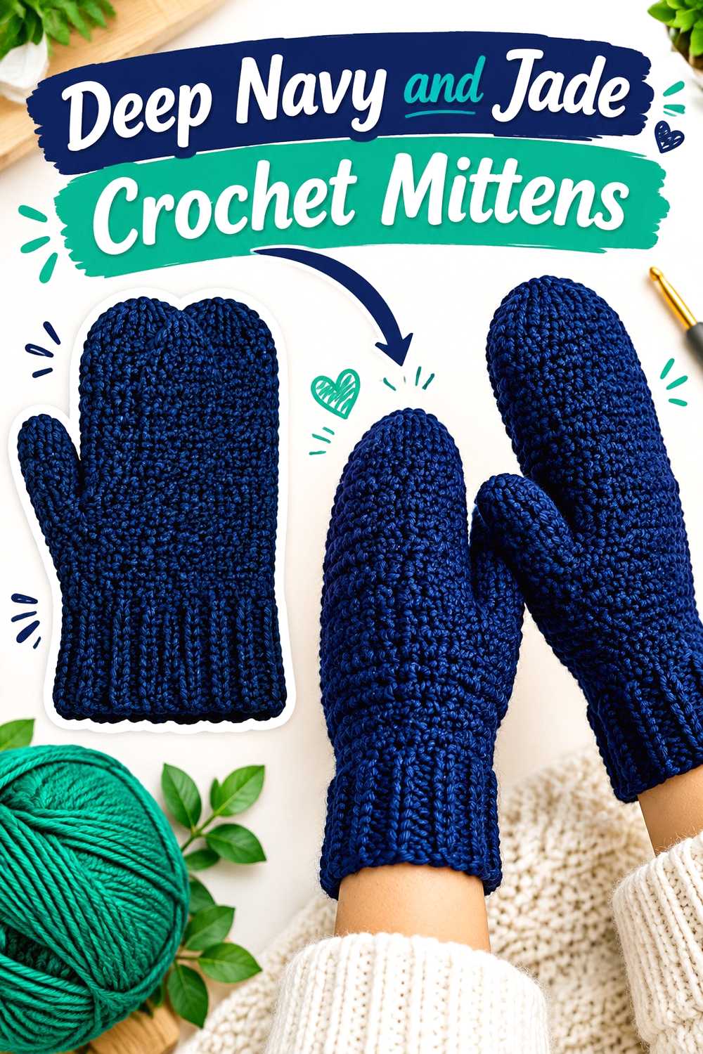 9. Deep Navy And Jade Crochet Mittens