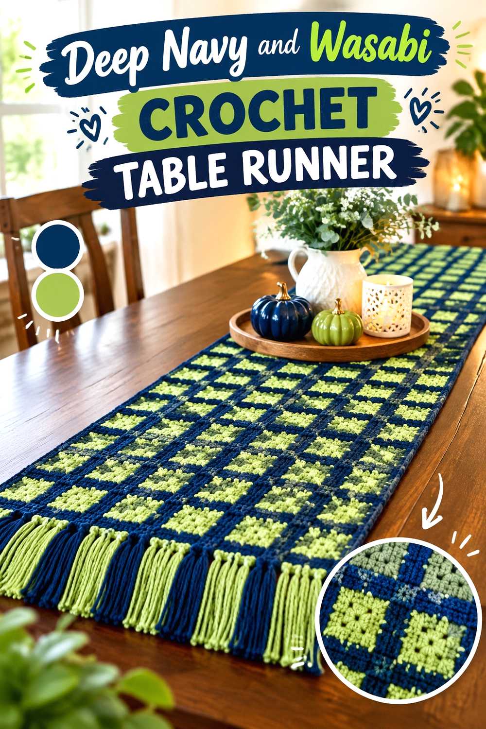 13. Deep Navy And Wasabi Crochet Table Runner