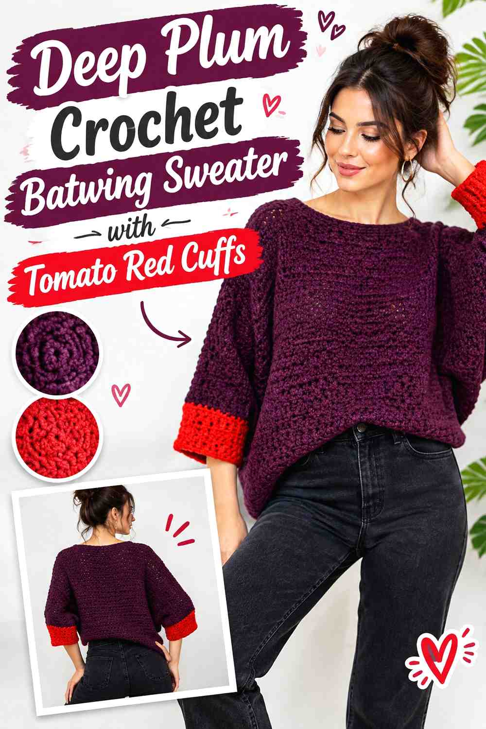 10. Deep Plum Crochet Batwing Sweater With Tomato Red Cuffs