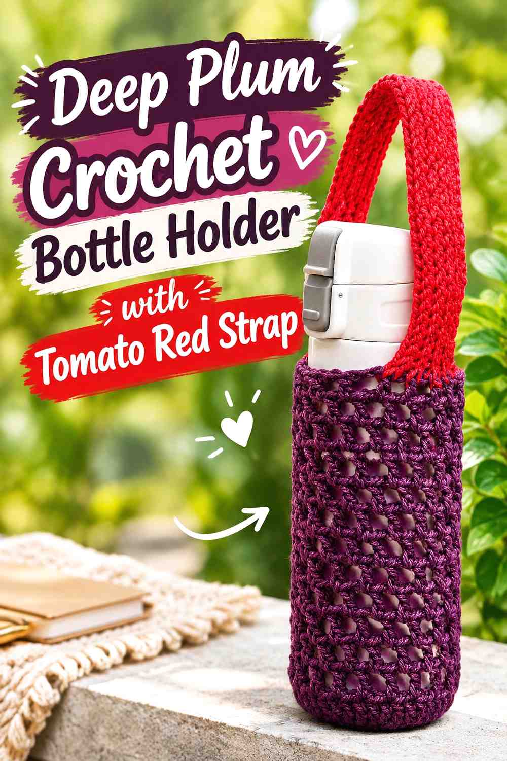 17. Deep Plum Crochet Bottle Holder With Tomato Red Strap
