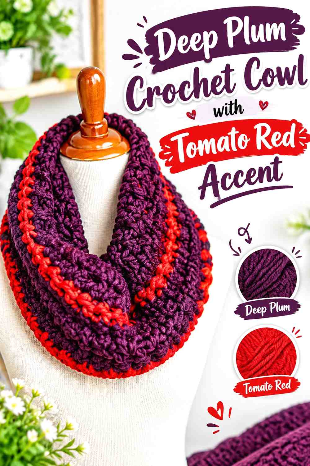 14. Deep Plum Crochet Cowl With Tomato Red Accent