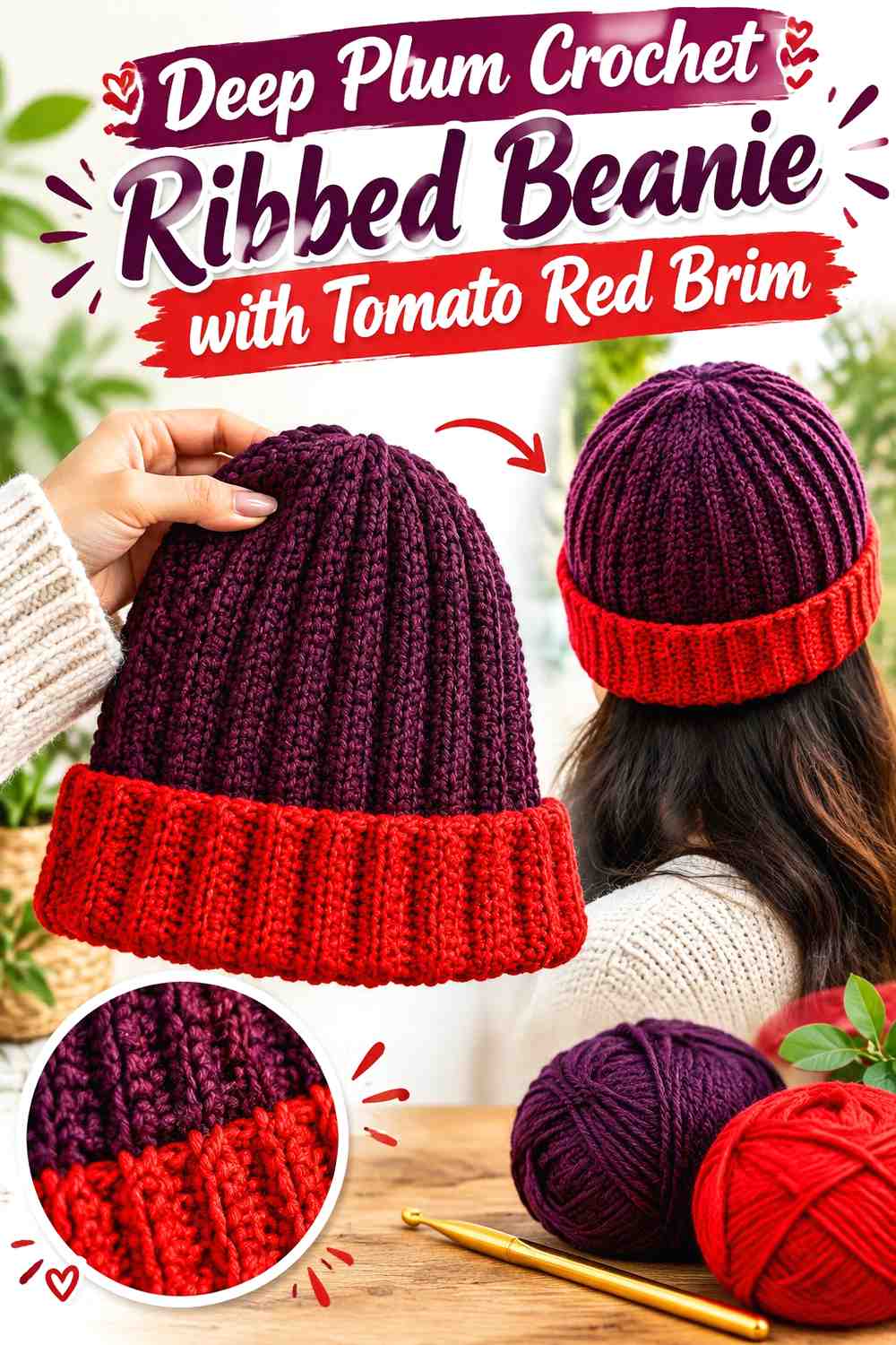 5. Deep Plum Crochet Ribbed Beanie With Tomato Red Brim