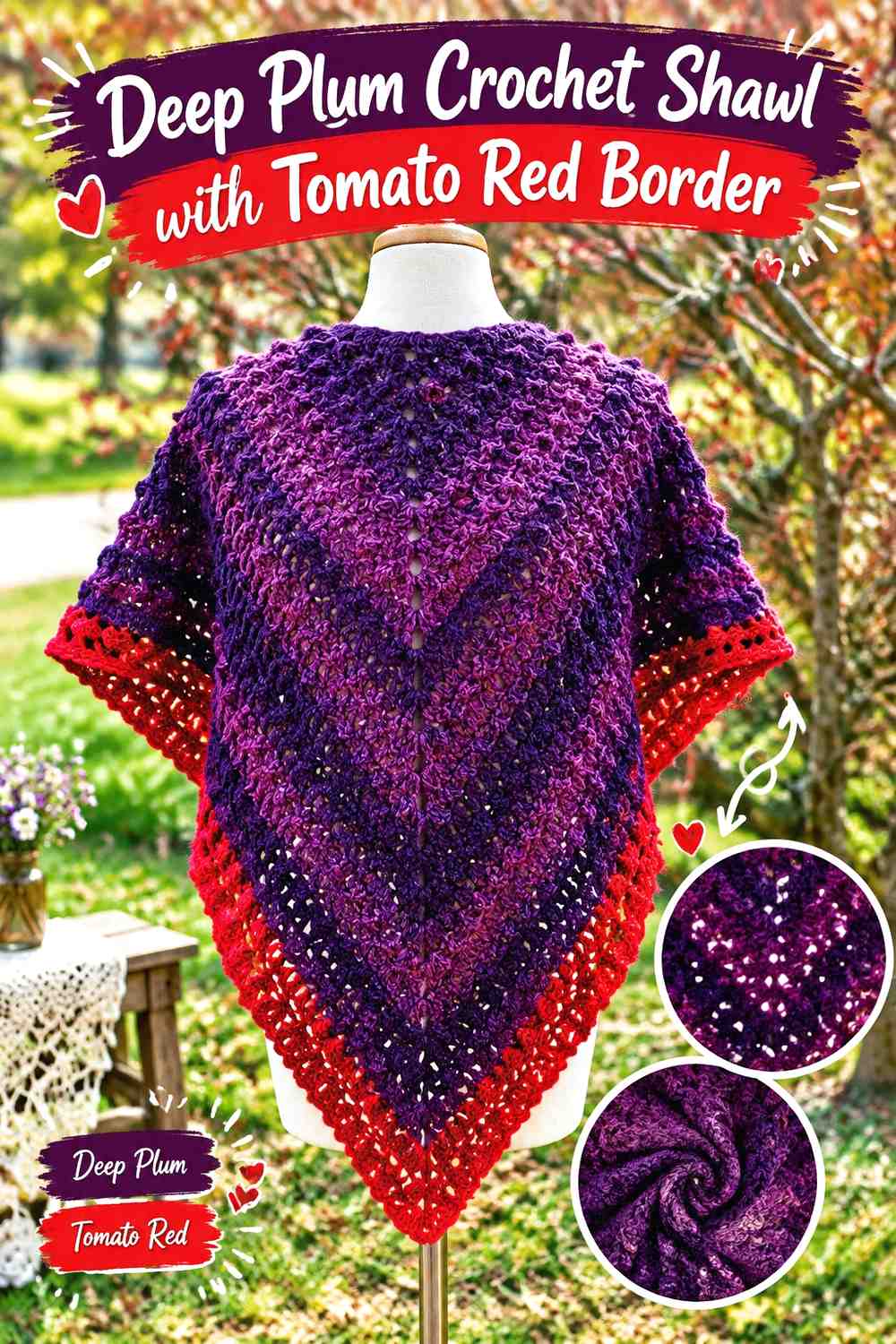 11. Deep Plum Crochet Shawl With Tomato Red Border