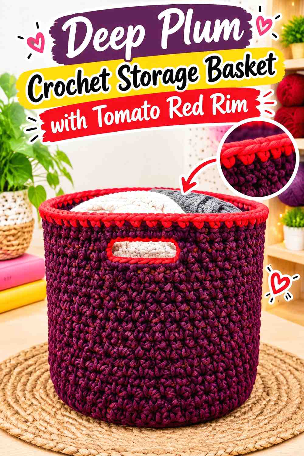 12. Deep Plum Crochet Storage Basket With Tomato Red Rim