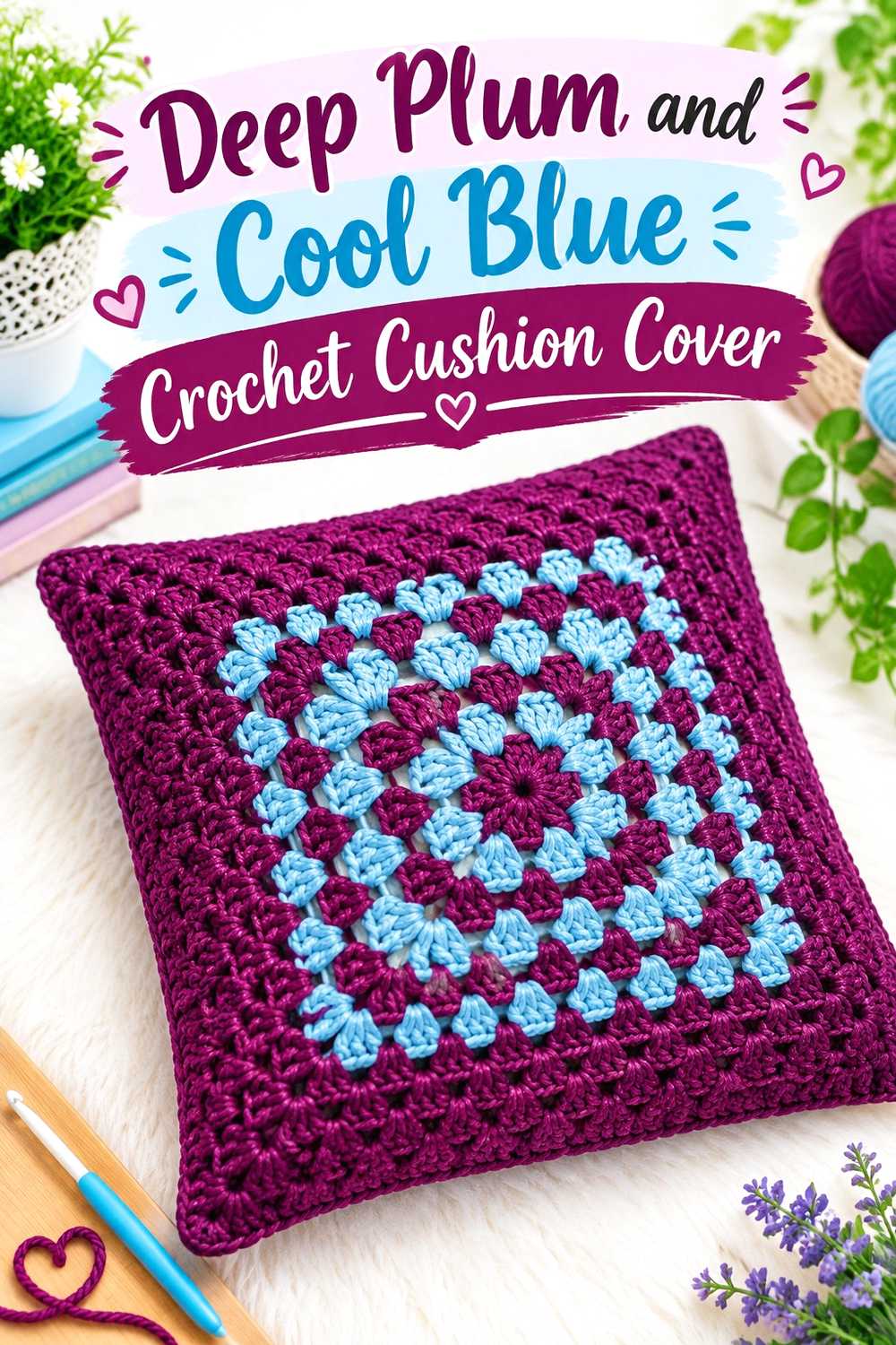 8. Deep Plum And Cool Blue Crochet Cushion Cover