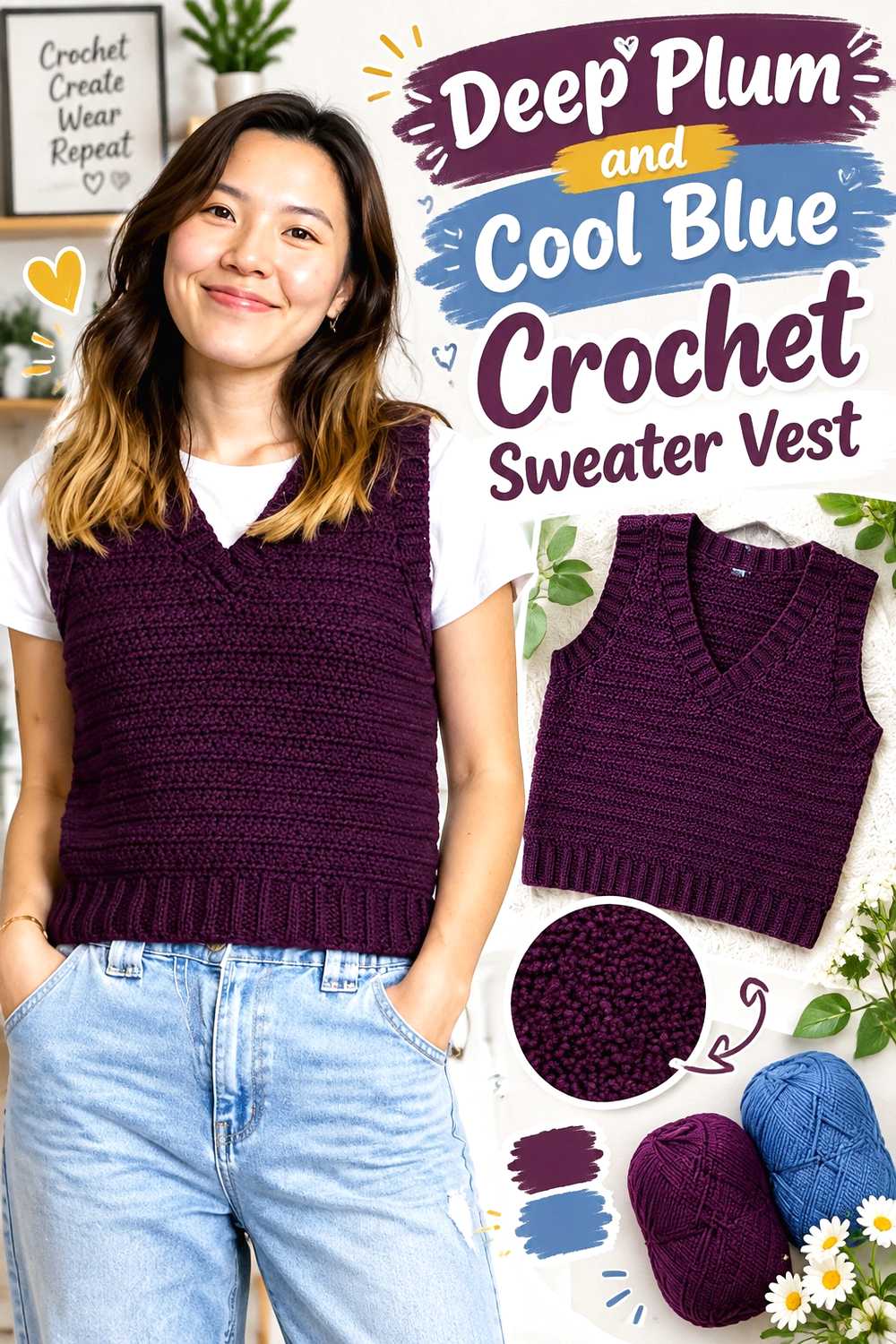 6. Deep Plum And Cool Blue Crochet Sweater Vest