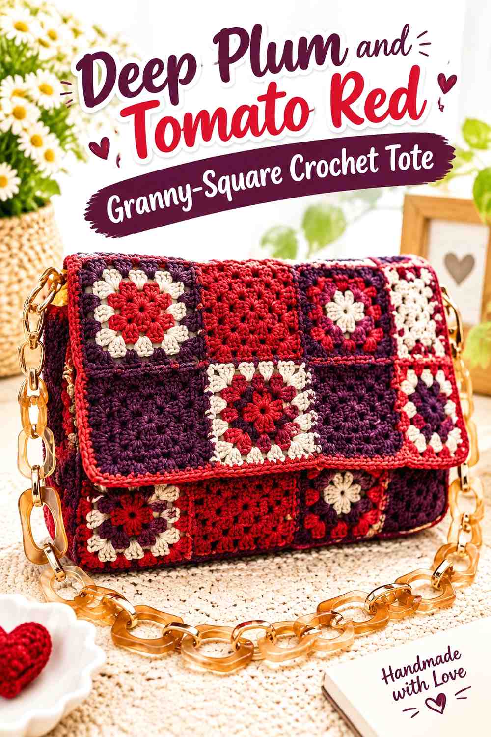 3. Deep Plum And Tomato Red Granny Square Crochet Tote