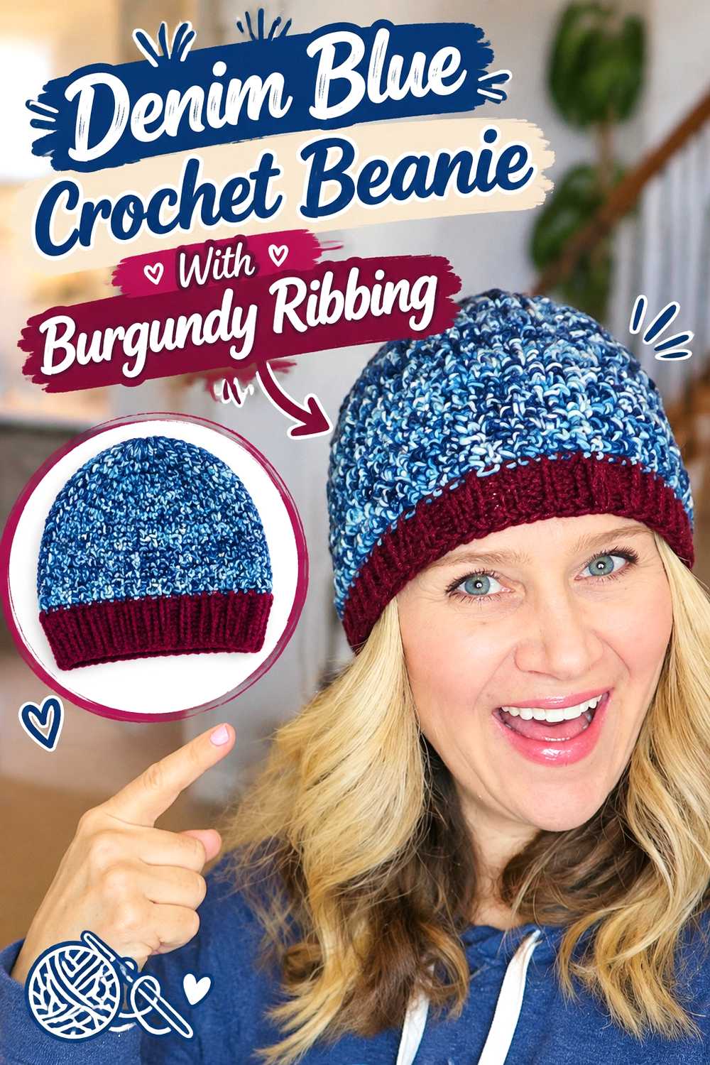 15. Denim Blue Crochet Beanie With Burgundy Ribbing