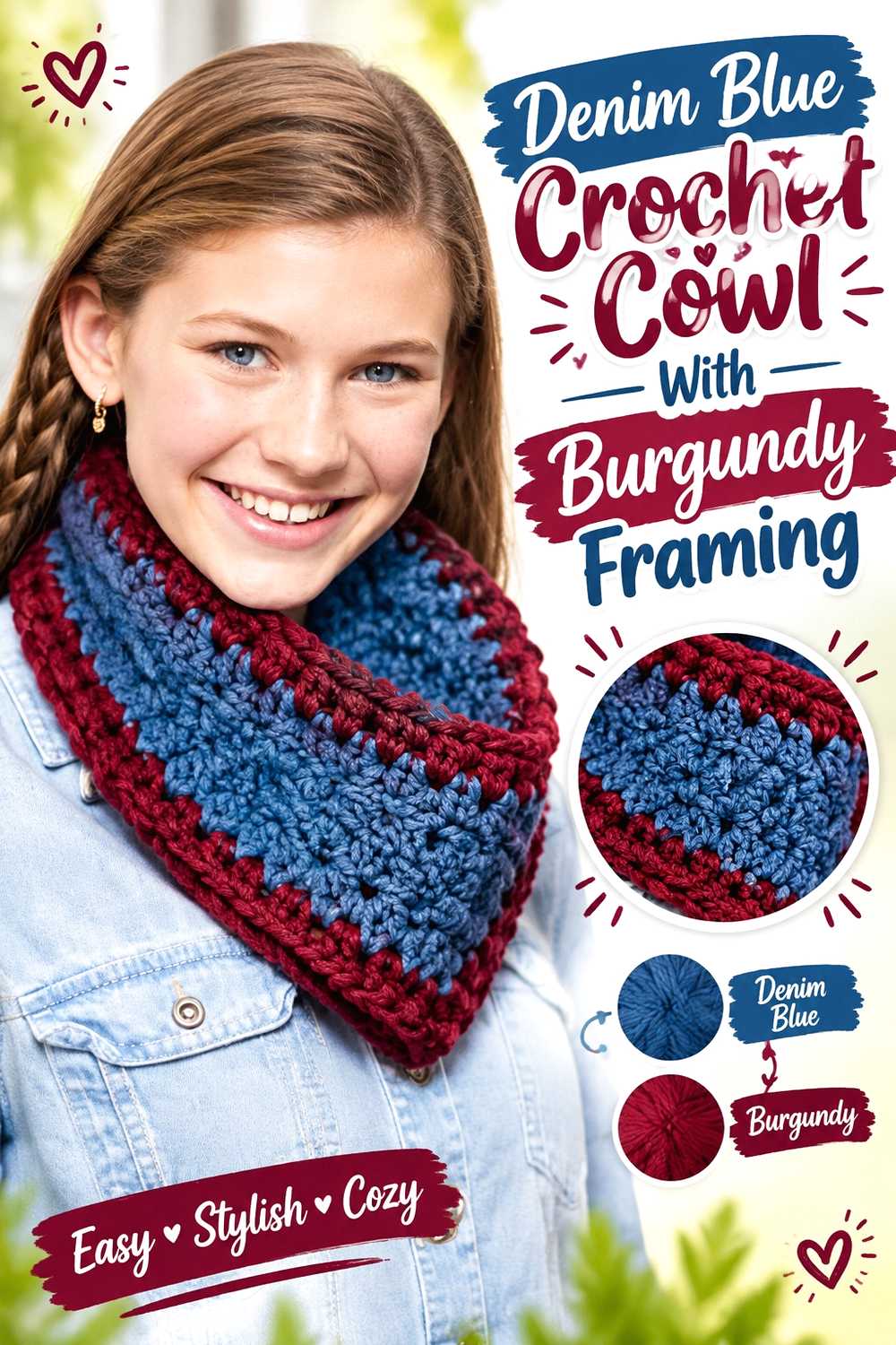 14. Denim Blue Crochet Cowl With Burgundy Framing