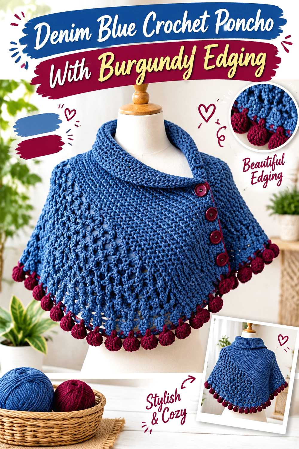 5. Denim Blue Crochet Poncho With Burgundy Edging