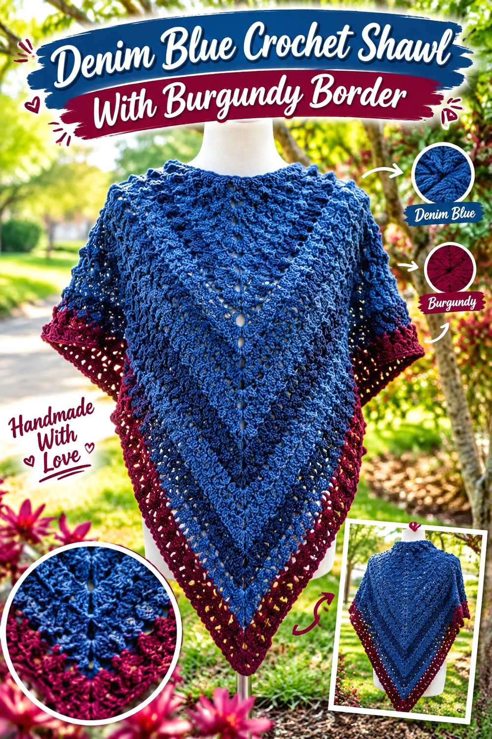 6. Denim Blue Crochet Shawl With Burgundy Border