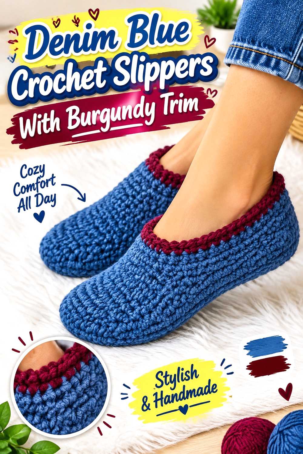 9. Denim Blue Crochet Slippers With Burgundy Trim