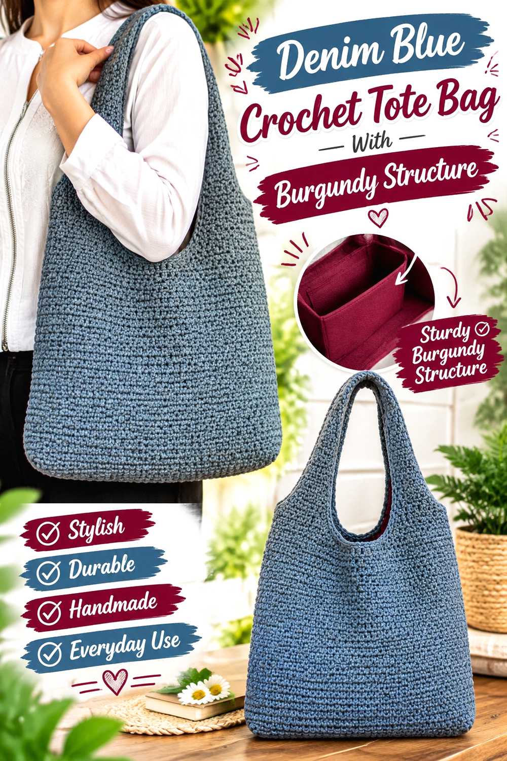 3. Denim Blue Crochet Tote Bag With Burgundy Structure
