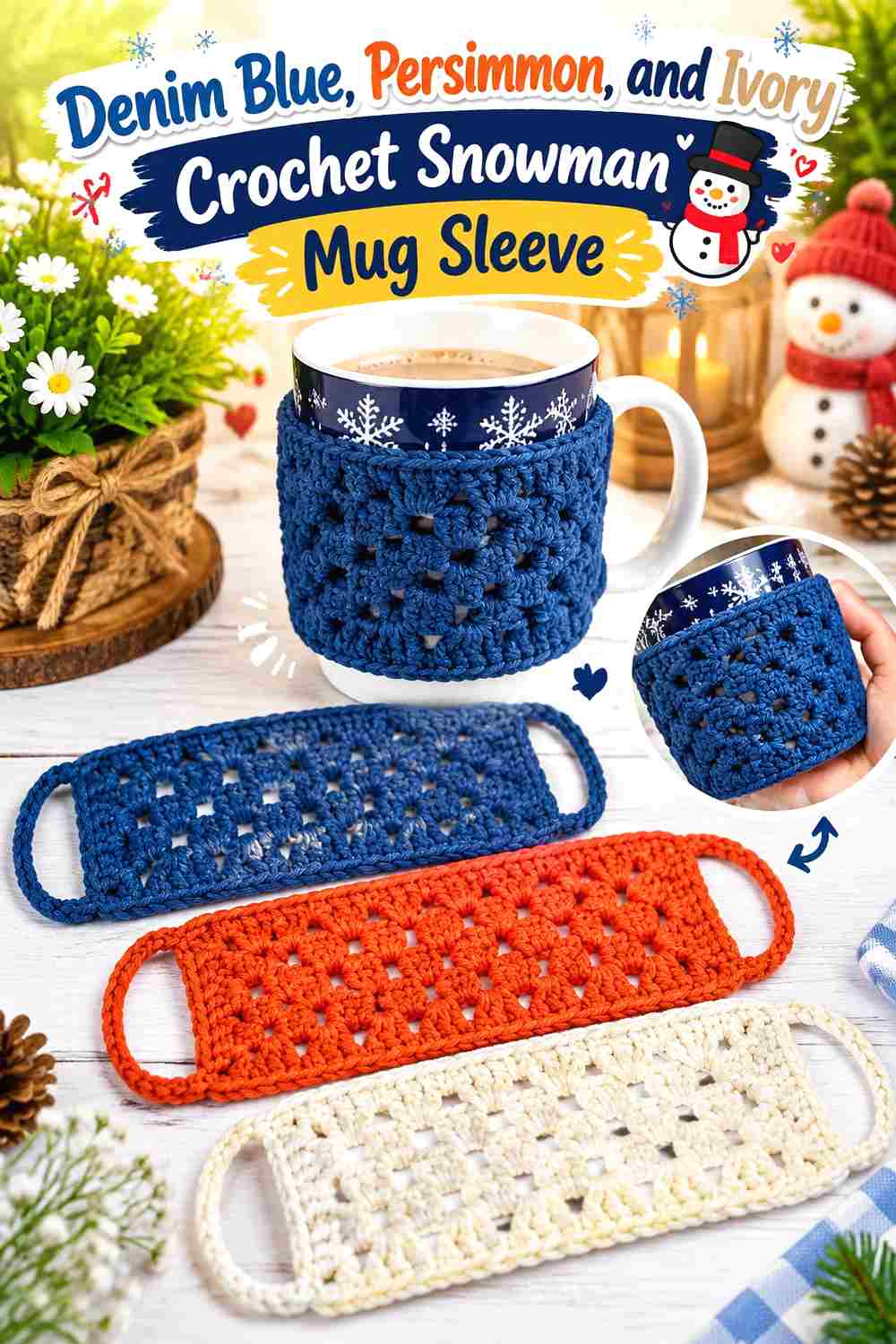 6. Denim Blue Persimmon And Ivory Crochet Snowman Mug Sleeve