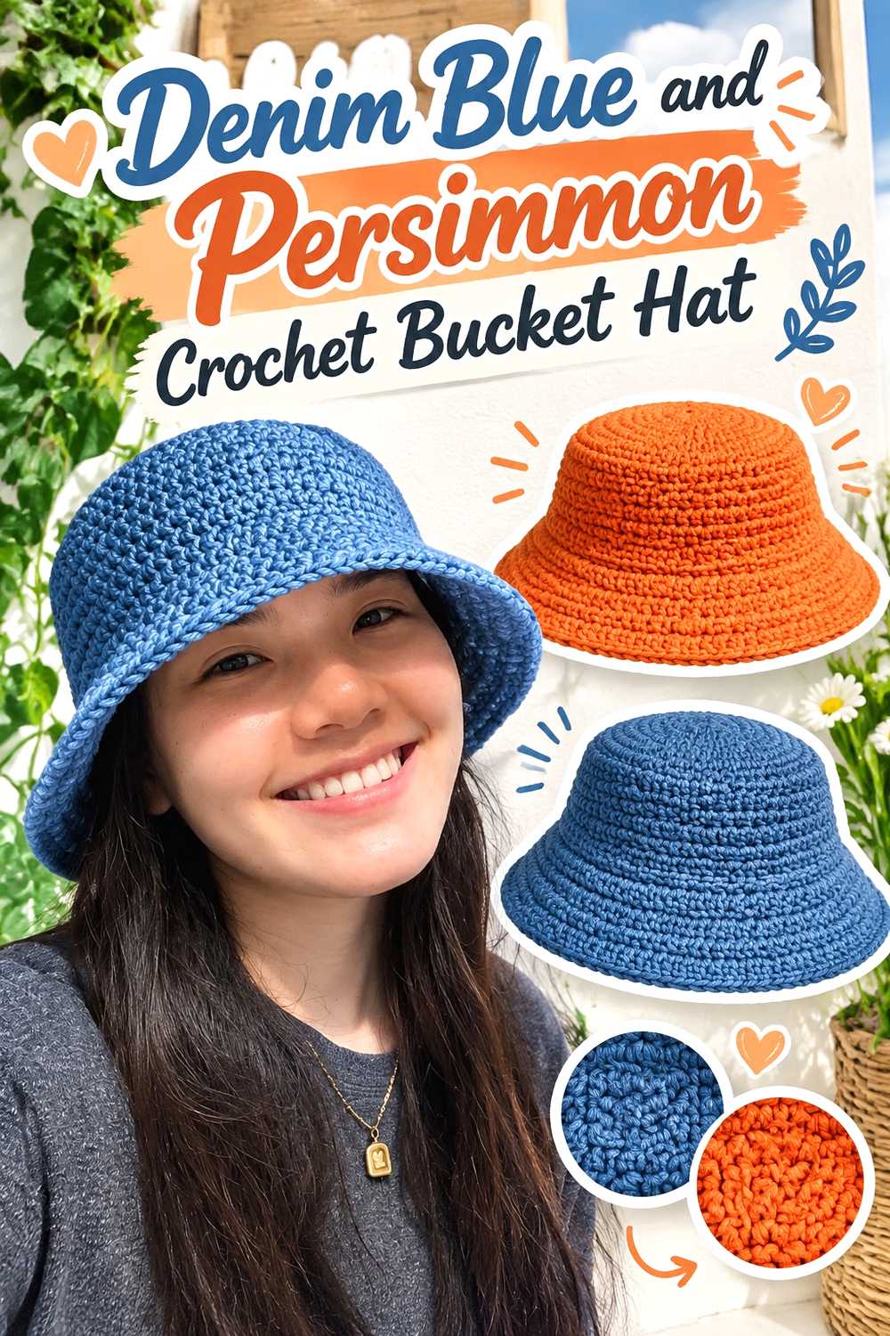 8. Denim Blue And Persimmon Crochet Bucket Hat