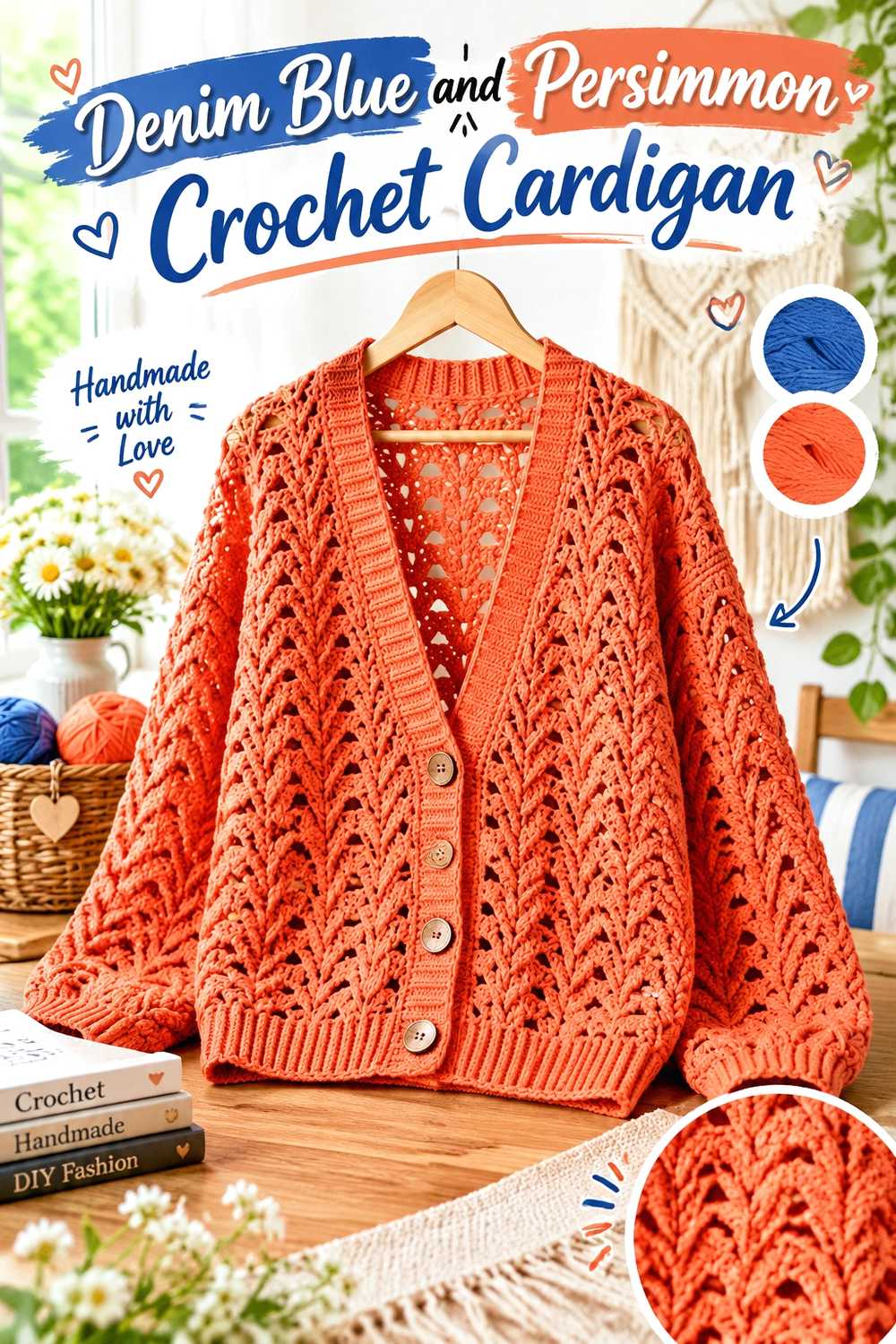 2. Denim Blue And Persimmon Crochet Cardigan
