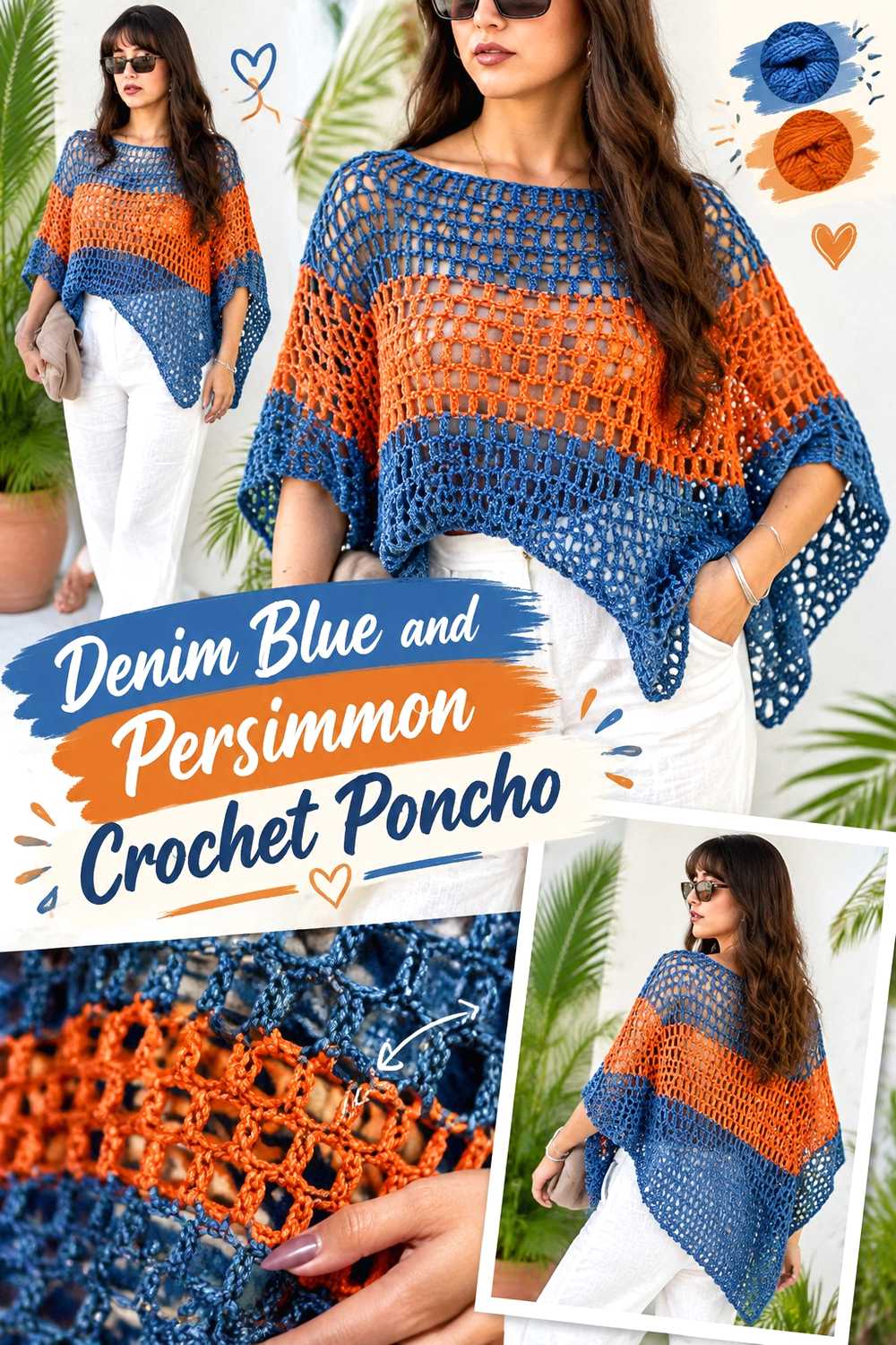 10. Denim Blue And Persimmon Crochet Poncho