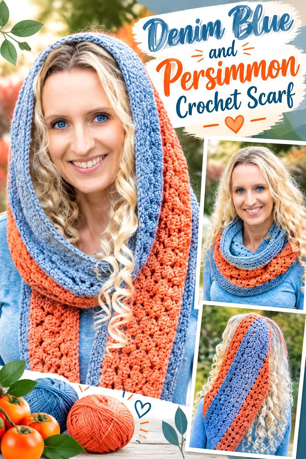 7. Denim Blue And Persimmon Crochet Scarf