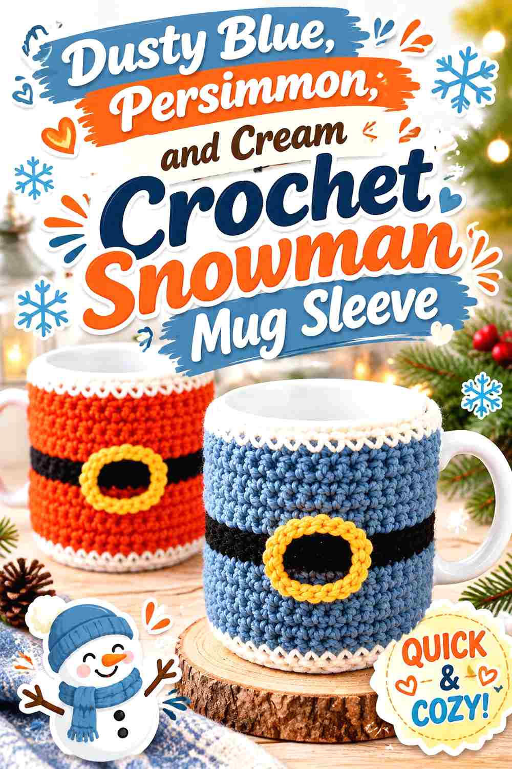 3. Dusty Blue Persimmon And Cream Crochet Snowman Mug Sleeve