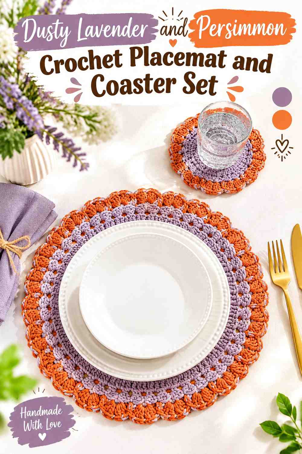 12. Dusty Lavender And Persimmon Crochet Placemat And Coaster Set