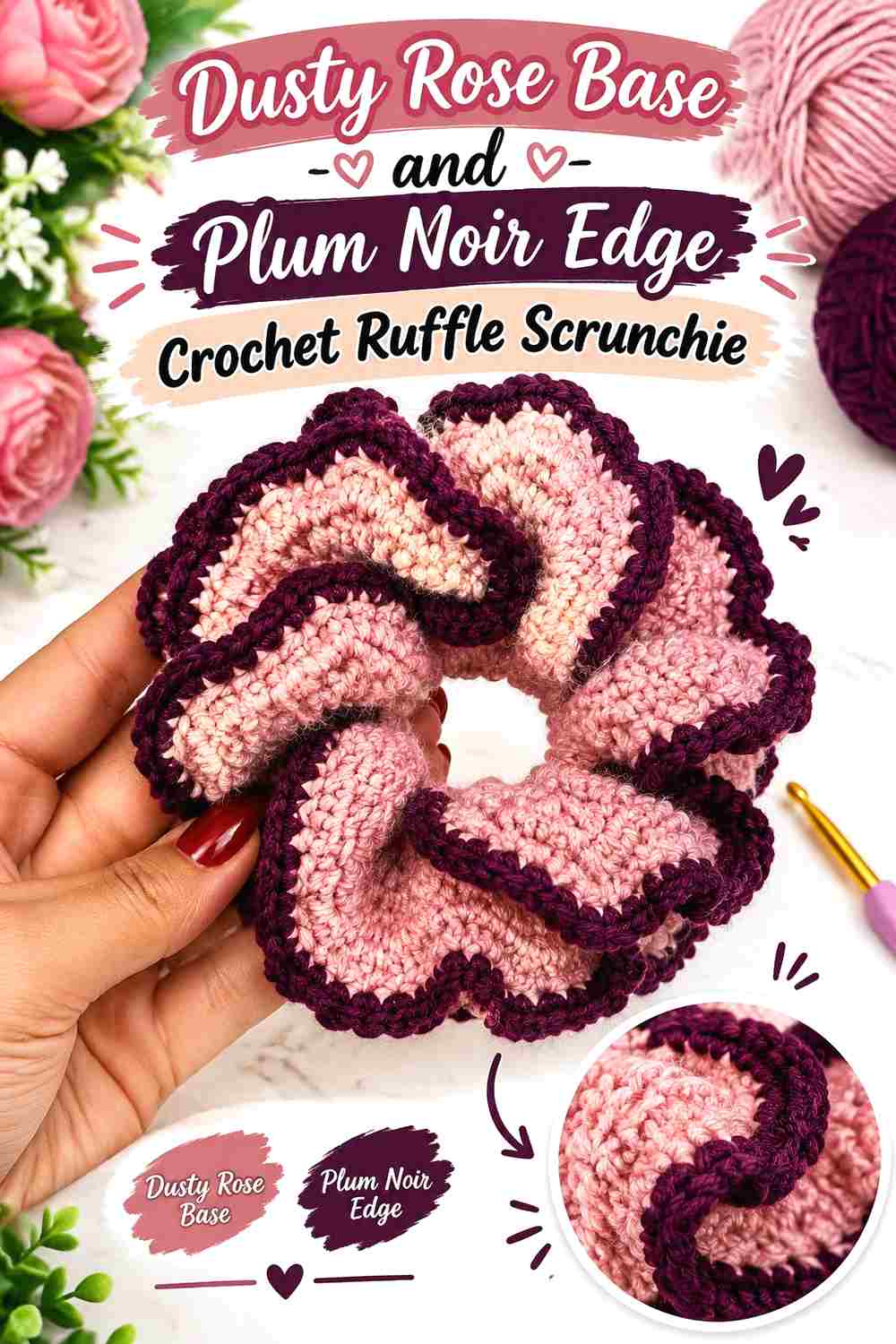 2. Dusty Rose Base And Plum Noir Edge Crochet Ruffle Scrunchie