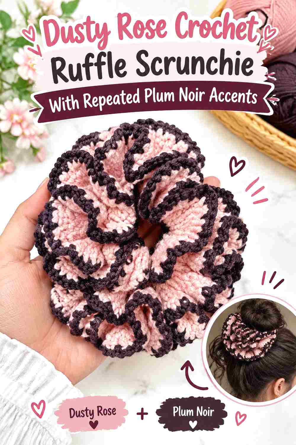 9. Dusty Rose Crochet Ruffle Scrunchie With Repeated Plum Noir Accents