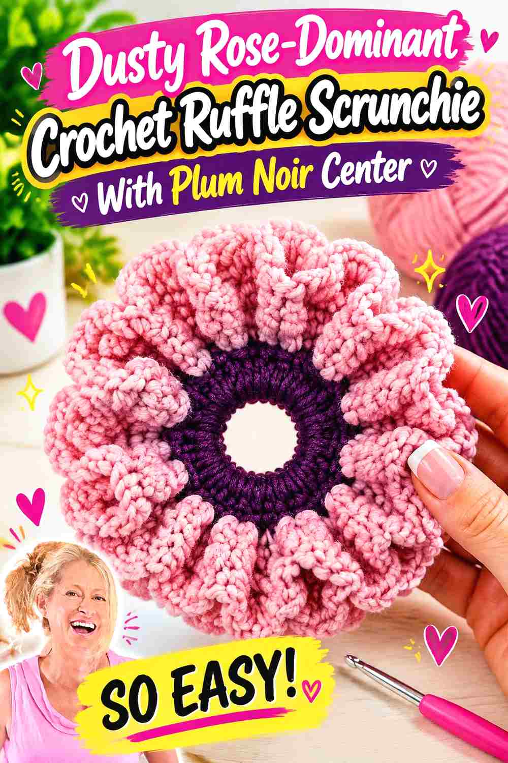 4. Dusty Rose Dominant Crochet Ruffle Scrunchie With Plum Noir Center