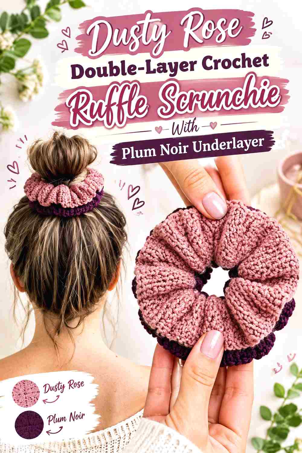 7. Dusty Rose Double Layer Crochet Ruffle Scrunchie With Plum Noir Underlayer