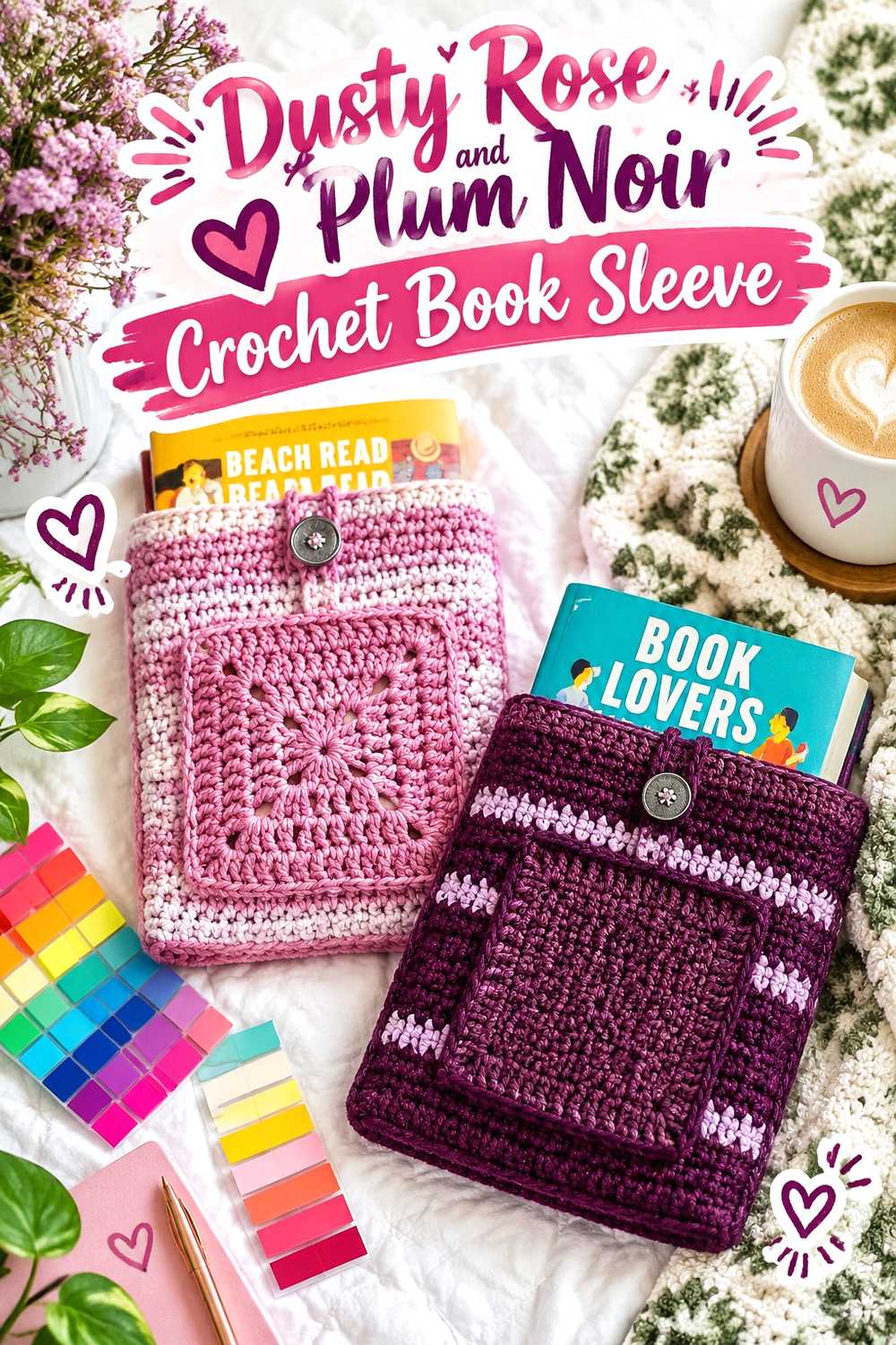 14. Dusty Rose And Plum Noir Crochet Book Sleeve