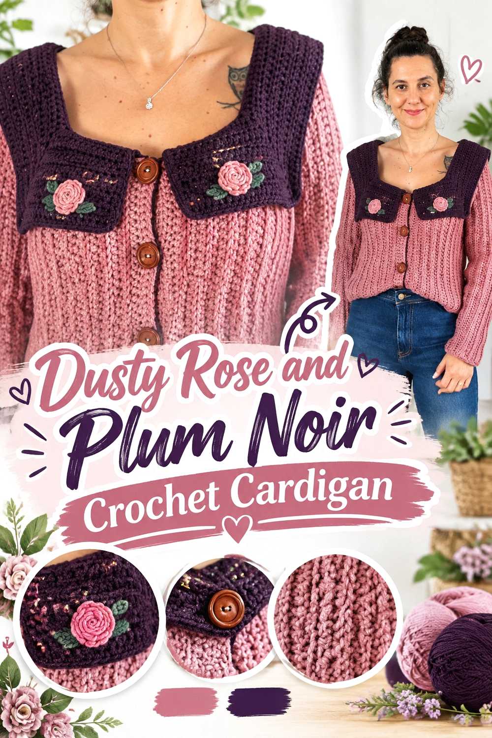 2. Dusty Rose And Plum Noir Crochet Cardigan