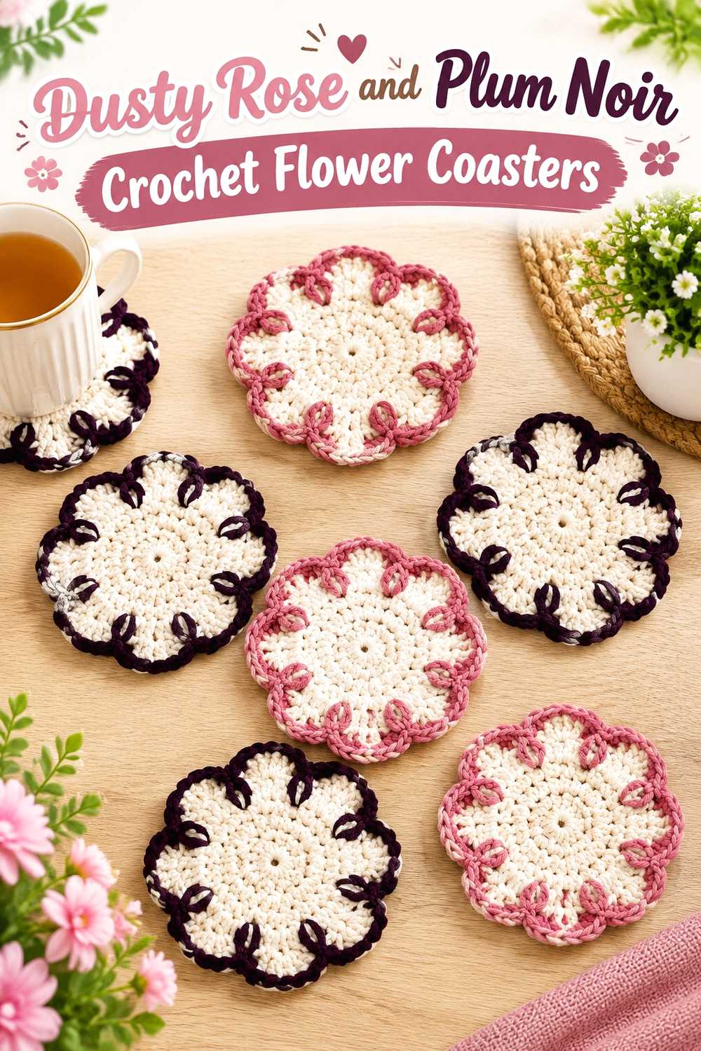 10. Dusty Rose And Plum Noir Crochet Flower Coasters