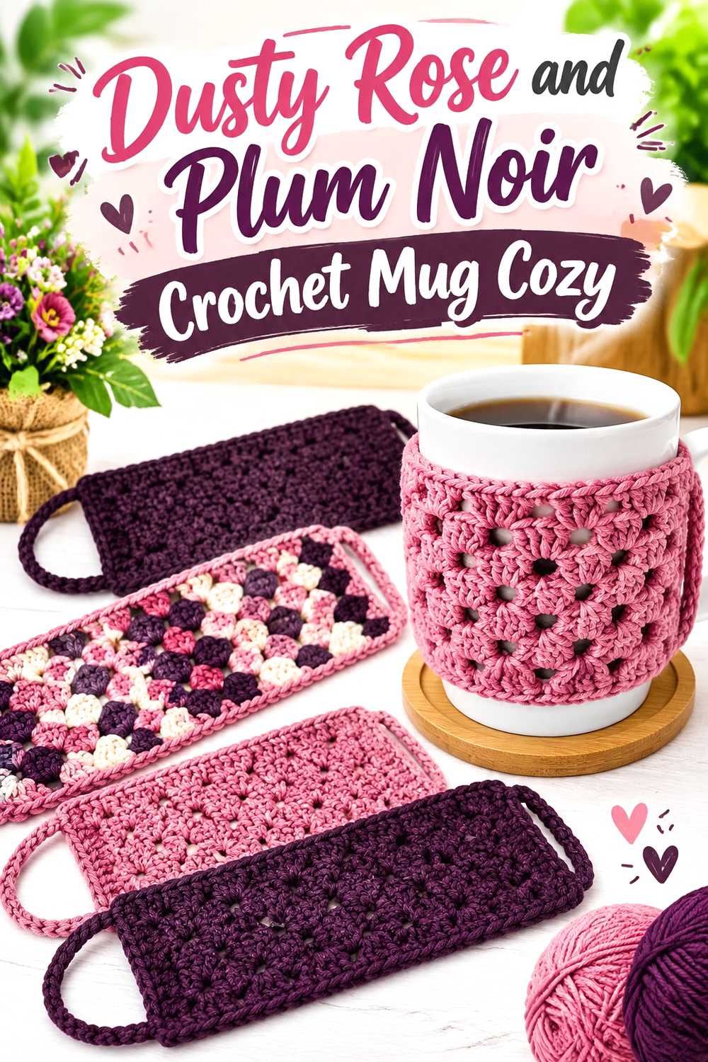 12. Dusty Rose And Plum Noir Crochet Mug Cozy